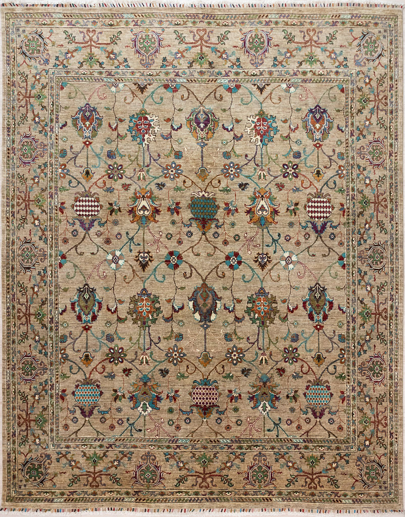 Hand knotted Fawn Afghan Sultani Chobi Wool Rug 295cm x 243cm woven in Mazar, Northern Afghanistan by female artisans, heirs to ancient dye recipes
A one of-a-kind, Baroque feel, botanical design. Just look at the closeups to see the detail in this weave
A modern contemporary paler colour palette with lovely naturaly dyed rustic multicolour tones on a beige to fawn natural wool coloured background.&nbsp;
This design has well defined fine linear elements, is symmetrical and depicts stylised images 