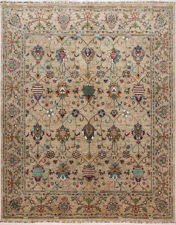 Hand knotted Fawn Afghan Sultani Chobi Wool Rug 295cm x 243cm woven in Mazar, Northern Afghanistan by female artisans, heirs to ancient dye recipes
A one of-a-kind, Baroque feel, botanical design. Just look at the closeups to see the detail in this weave
A modern contemporary paler colour palette with lovely naturaly dyed rustic multicolour tones on a beige to fawn natural wool coloured background.&nbsp;
This design has well defined fine linear elements, is symmetrical and depicts stylised images 