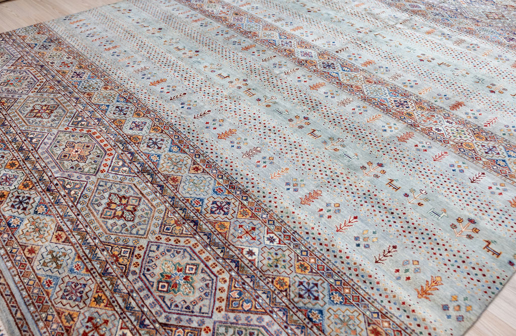 Arctic Blue XL Afghan Pictorial Khurjin Chobi Wool Rug 405cm x 307cm