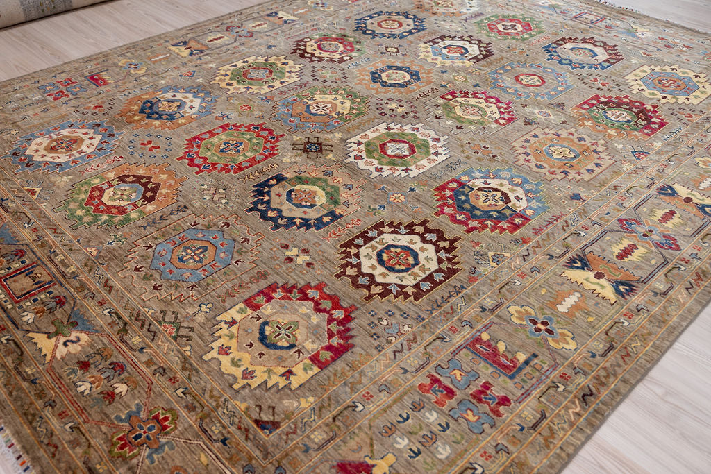 Fawn Afghan Suzani Chobi Wool Rug 362cm x 279cm