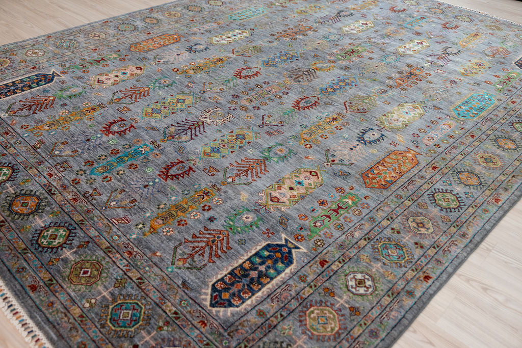 Grey Pictorial Afghan Suzani Chobi Wool Rug 346cm x 252cm