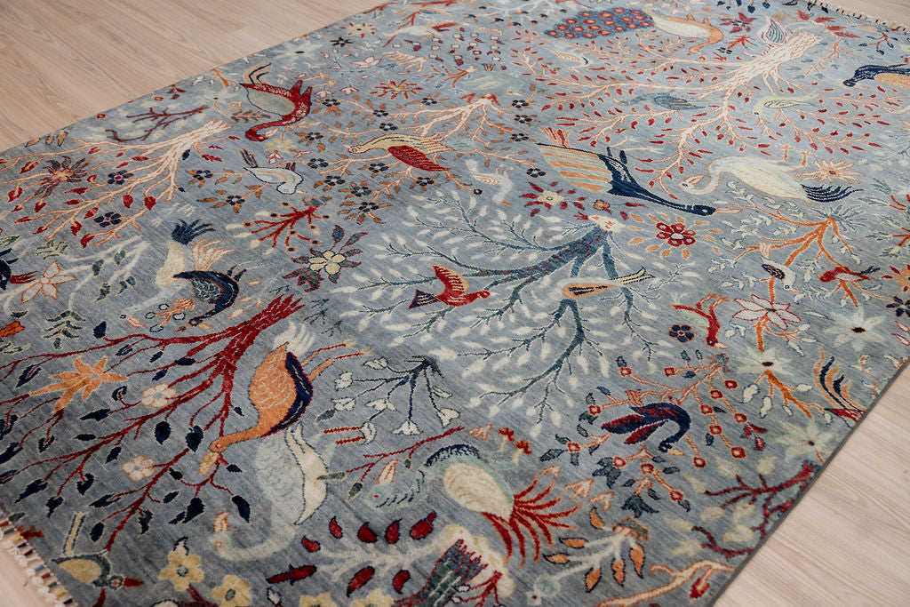 Ice Grey Pictorial Afghan Chobi Wool Rug 293cm x 198cm