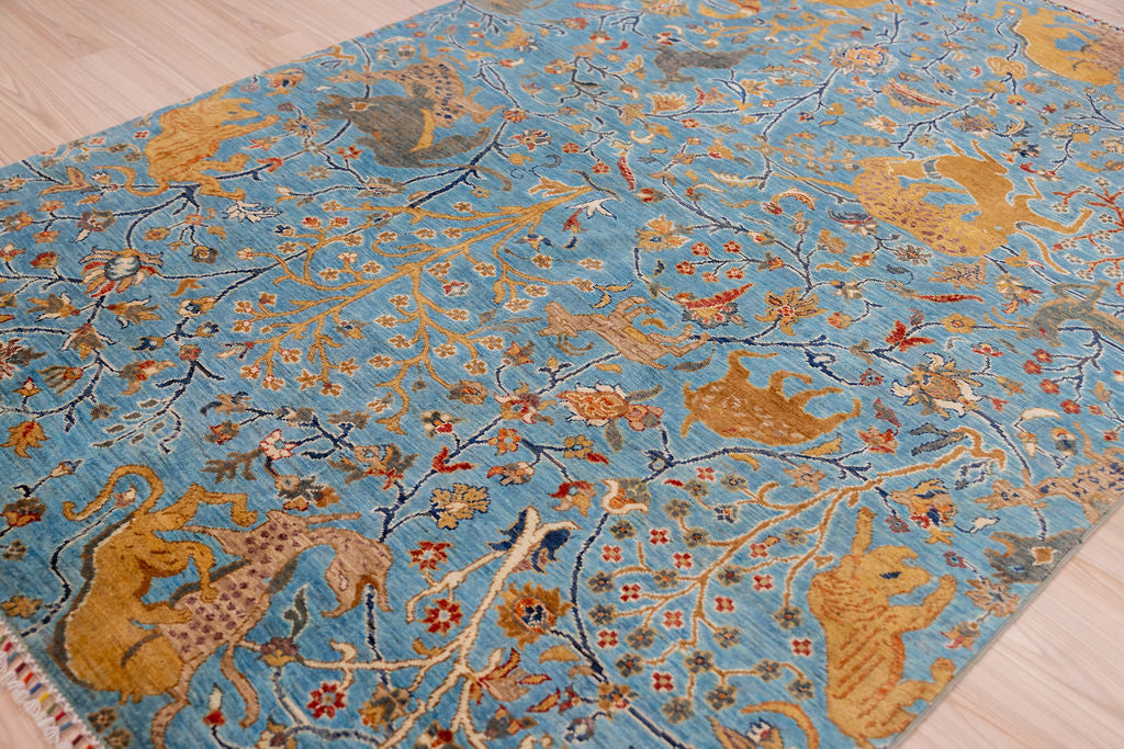 Light Blue Pictorial Afghan Chobi Wool Rug 247cm x 165cm