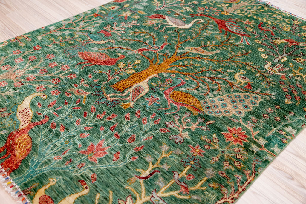 Green Pictorial Afghan Chobi Wool Rug 200cm x 145cm