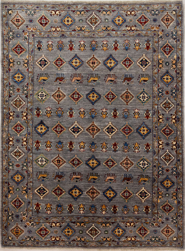 Authentic Handknotted Grey Pictorial Afghan Chobi Wool Rug 198cm x 151cm&nbsp;woven in Shebarghan, Northern Afghanistan


Natural veg dyed colour palette of quiet earthy tones with a warm grey background of natural grey fleece. A one-of-a-kind geometric design of repeating medallions along with depiction of camel trains, the original rug shipping method.

Stylish and practical Ariana tassels woven on the ends of the rug