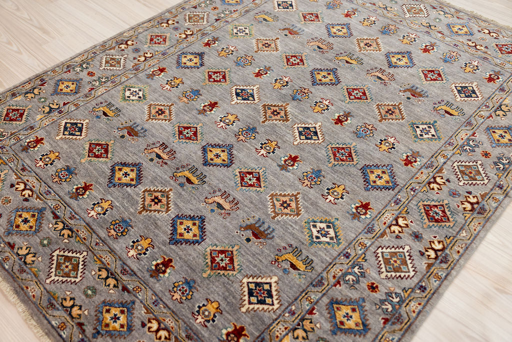 Grey Pictorial Afghan Chobi Wool Rug 198cm x 151cm