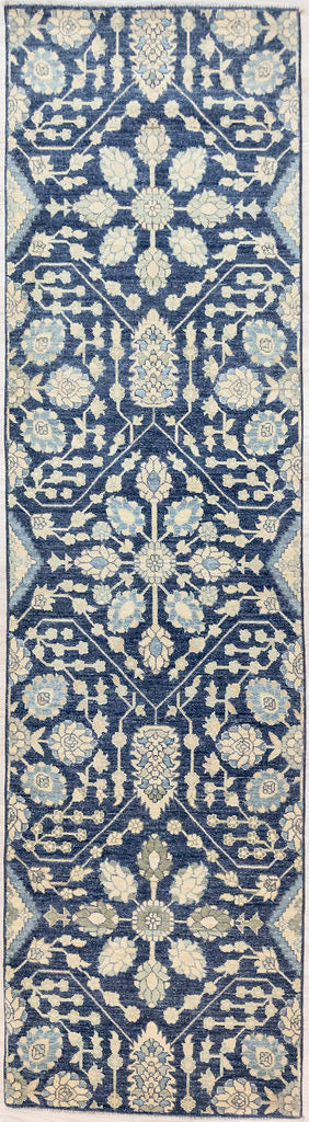 Authentic Hand knotted Blue Afghan Chobi Wool Runner 318cm x 80cm
Finely hand knotted by female artisans of Northern Afghanistan. Perfect with eternally popular blue and white or Chinoiserie decorating themes.
A bolder option than Nain when Indigo and cream is a desirable way to lighten and brighten your hallway