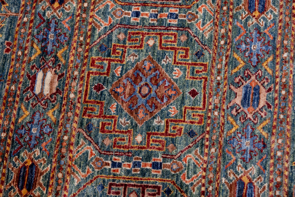 Green Pictorial Afghan Chobi Wool Runner 330cm x 70cm