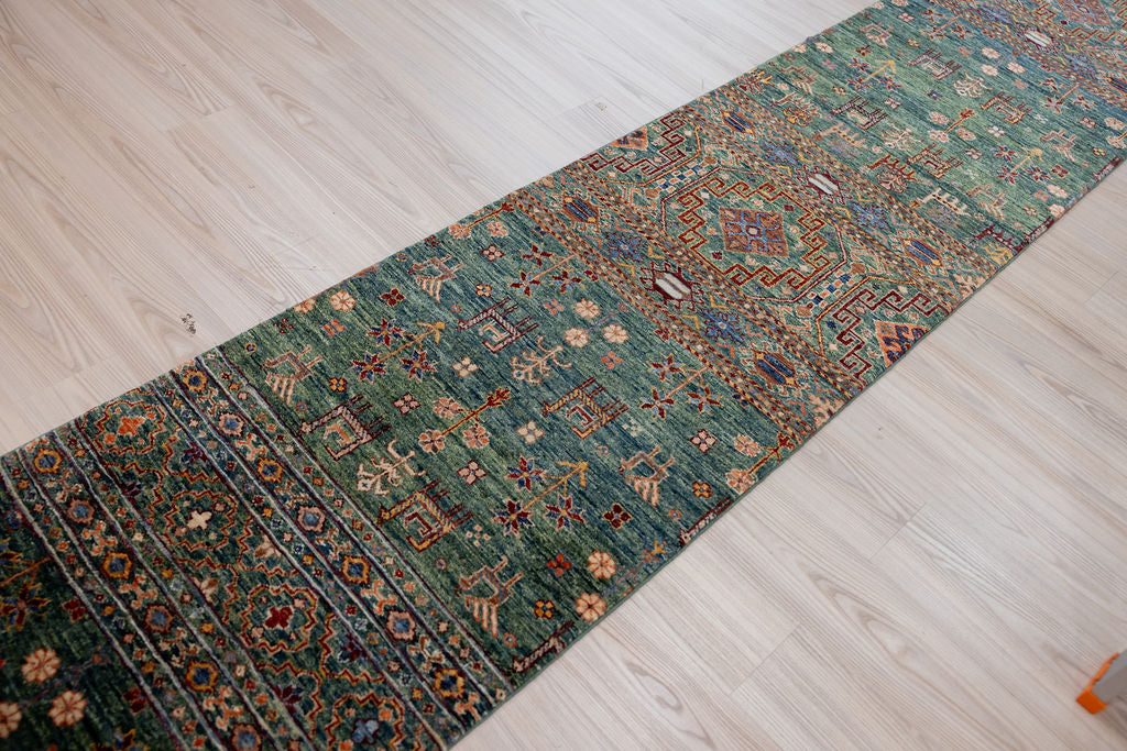 Green Pictorial Afghan Chobi Wool Runner 330cm x 70cm