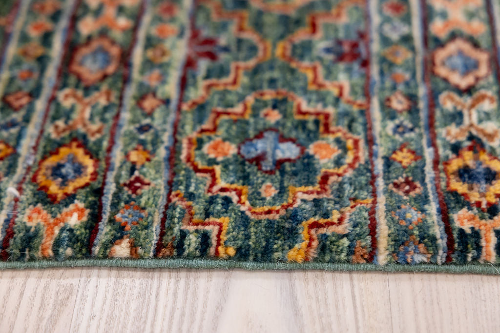 Green Pictorial Afghan Chobi Wool Runner 330cm x 70cm