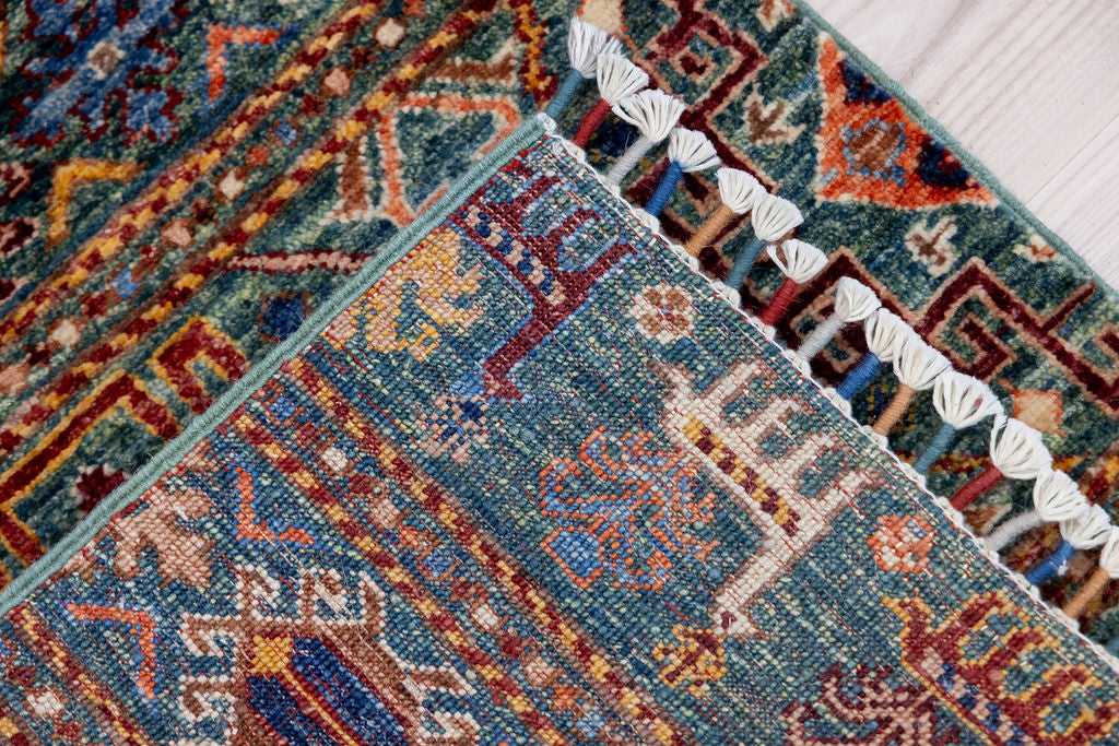 Green Pictorial Afghan Chobi Wool Runner 330cm x 70cm