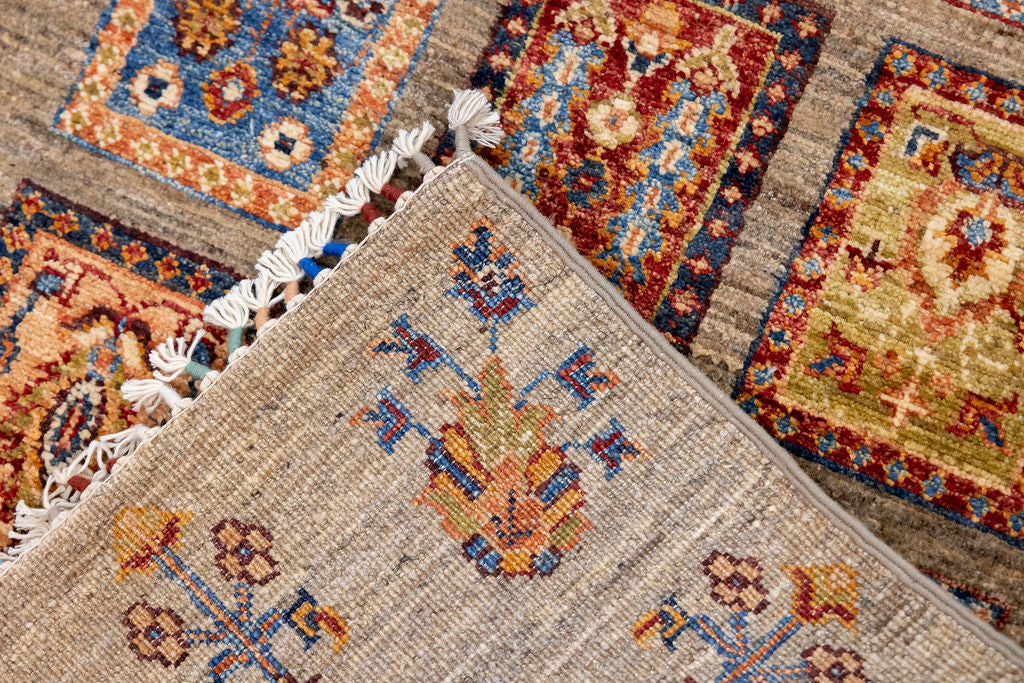 Taupe Pictorial Afghan Chobi Wool Runner 370cm x 85cm