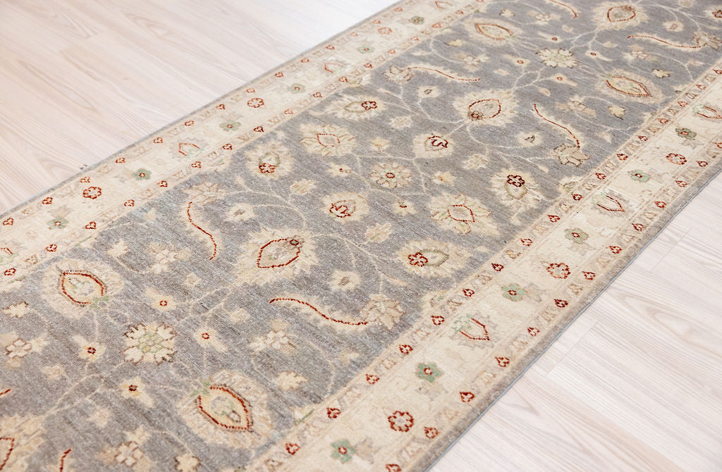 Muted Grey Afghan Chobi Wool Runner 387cm x 90cm