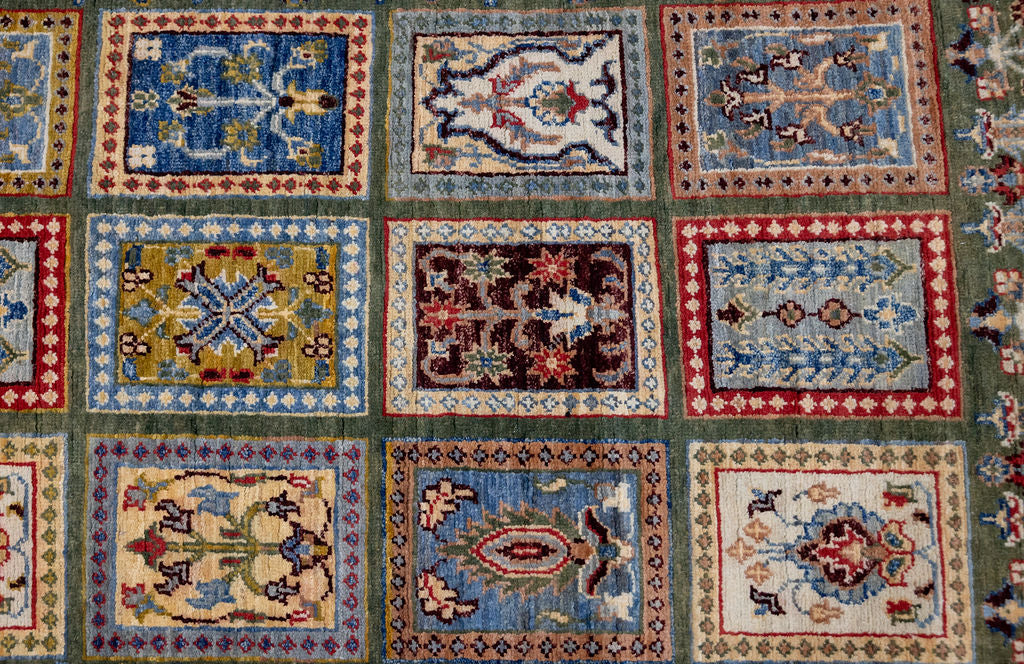 Green Pictorial Afghan Chobi Wool Runner 290cm x 80cm