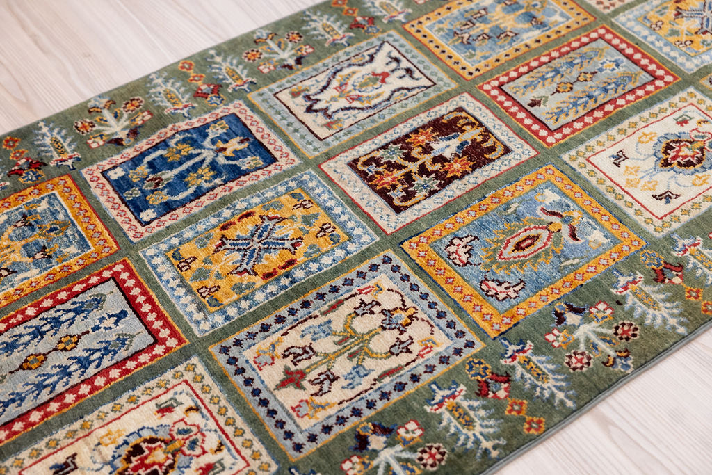 Green Pictorial Afghan Chobi Wool Runner 290cm x 80cm