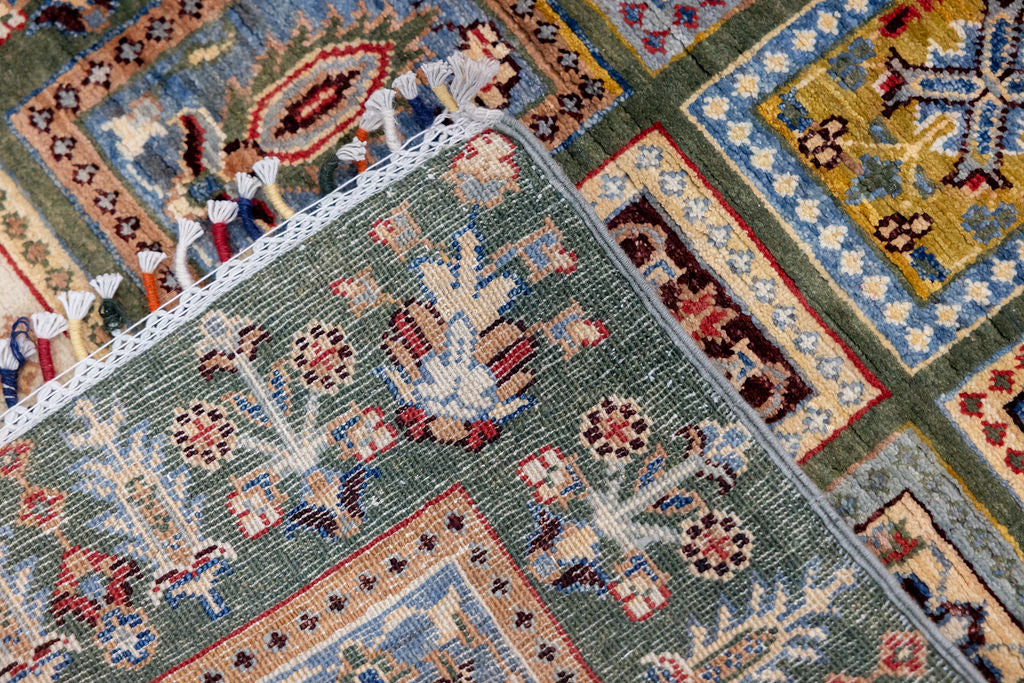 Green Pictorial Afghan Chobi Wool Runner 290cm x 80cm