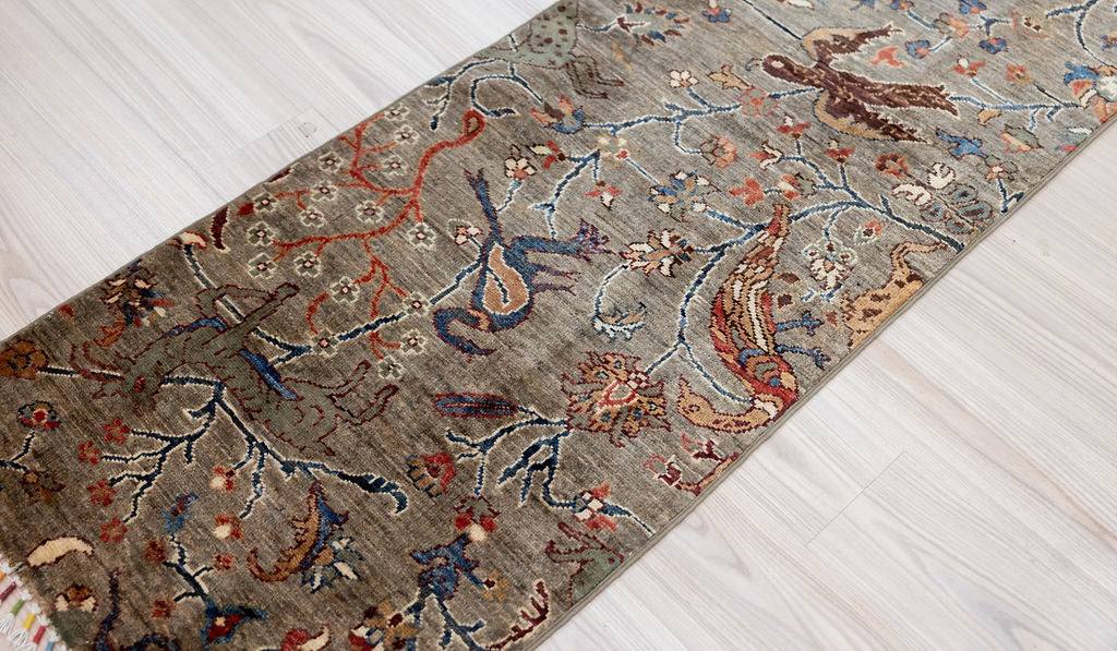 Taupe Grey Pictorial Afghan Chobi Wool Runner 176cm x 62cm