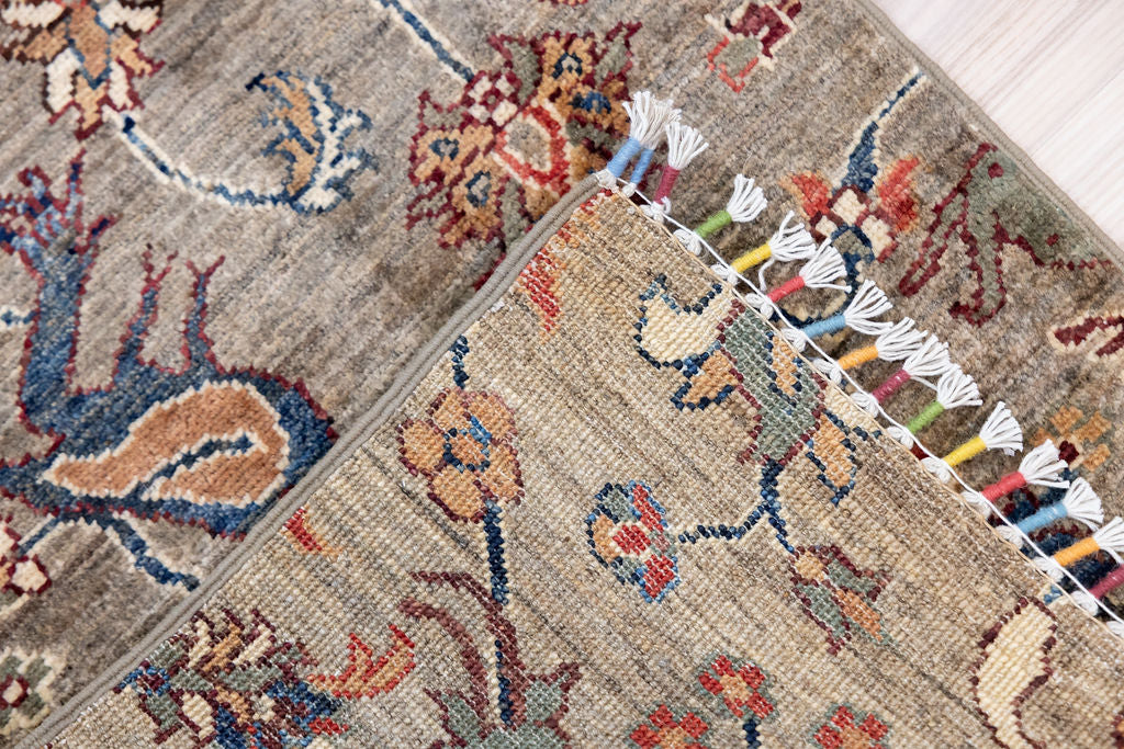 Taupe Grey Pictorial Afghan Chobi Wool Runner 176cm x 62cm