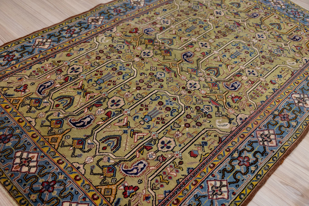 Green Vintage c.1970's Persian Qum Wool Rug 205cm x 135cm