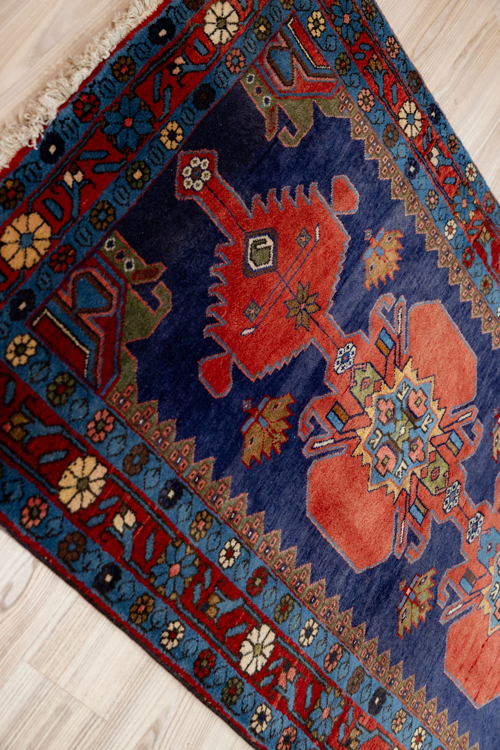 Navy Red Vintage Persian Hamadan Wool Runner 290cm x 101cm