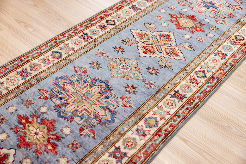 Steel Blue Afghan Super Kazak Wool Runner 594cm x 80cm