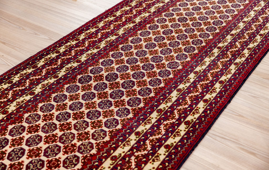 Cream Red Afghan Mowri Gul Bokhara Wool Runner 296cm x 96cm