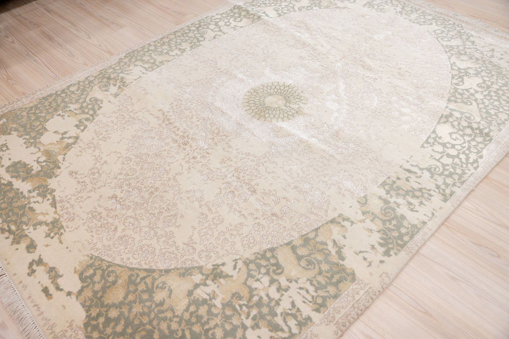 Cream Olive Contemporary Ara Silk n Wool Rug 240cm x 169cm