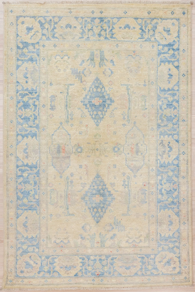 Authentic Hand Knotted Muted Blue Afghan Chobi Wool Rug 178cm x 118cm &nbsp;woven in Shebarghan, Northern Afghanistan
Another new and different design reminiscent of older flow glazed blue and white china. Its another addition to the Blue and white decor toolbox.
This technique of hand dying and spinning gives a soft already antiqued look
Simple no fuss short fringes.
Colours all made with natural vegetable dyes.