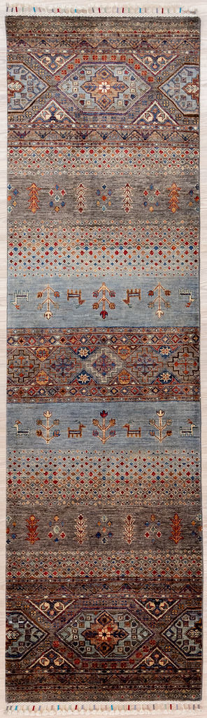 Grey Fine Pictorial Afghan Chobi Wool Runner 273cm x 76cm