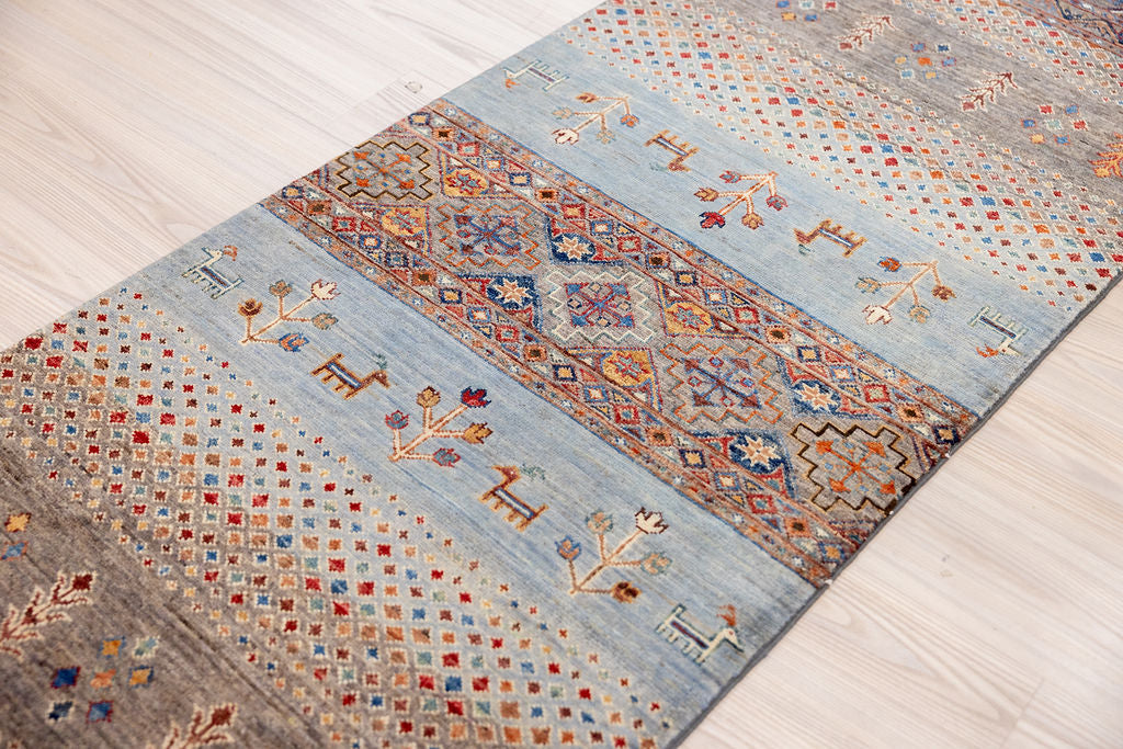 Grey Fine Pictorial Afghan Chobi Wool Runner 273cm x 76cm