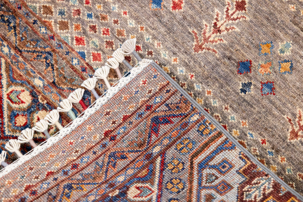 Grey Fine Pictorial Afghan Chobi Wool Runner 273cm x 76cm