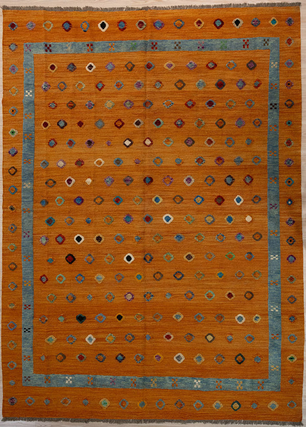 Large Orange Terracotta Barjasta Afghan Wool Kilim 342cm x 259cm
Guaranteed Original Persian Kilim Pure Wool with textured wool pile diamonds of different colours and a border on an orange terracotta abrash wool background.
Texture is formed by deliberately spinning together different dye batches.Durable and Wear Resistant Suitable for High Traffic Areas
