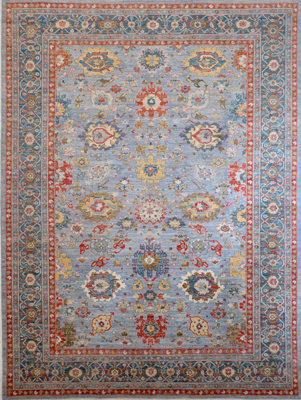 Authentic Handknotted Light Blue Afghan Chobi Wool Rug 363cm x 275cm suitable for large interiors
Light blue field tones along with hints of red, green all made from natural vegetable dyes
Light toned rugs will brighten your interior and opens your space