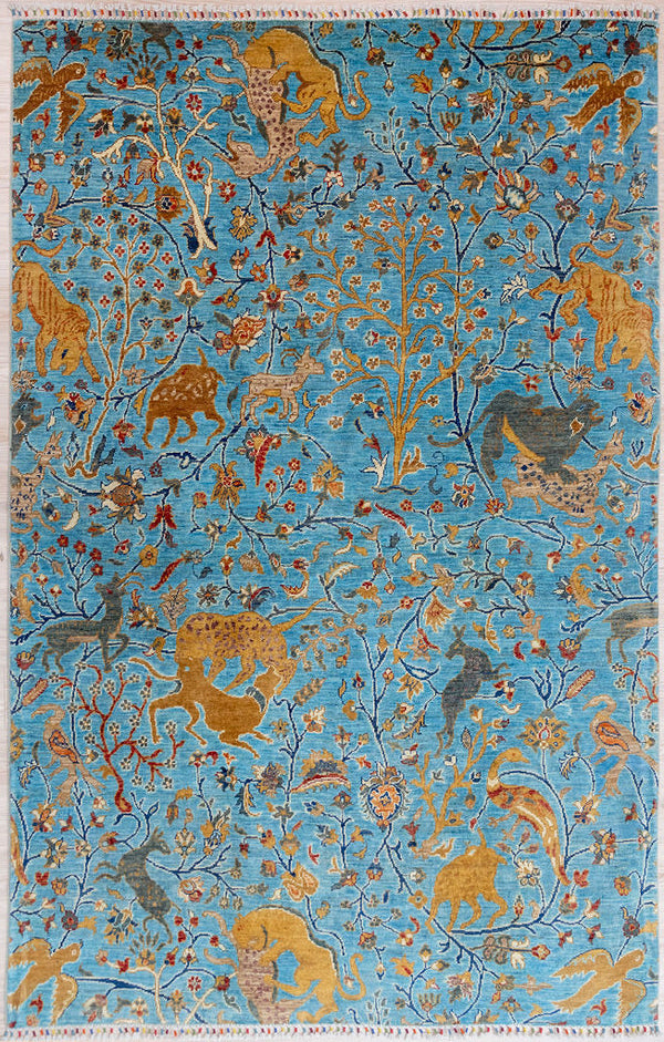 Authentic Handknotted Light Blue Pictorial Afghan Chobi Wool Rug 247cm x 165cm woven in Shebarghan, Northern Afghanistan by local craftswomen

Take a walk on the wild side with a one-of-a-kind pictorial design featuring the wild animals, deer, birds and wild cats of the Afghan mountains.

Having a lighter and darker aspect is a trademark of Handmade Rugs
Durable and Wear Resistant Suitable for High Traffic Areas
All Colours in This Piece Originate from Natural Vegetable Dyes