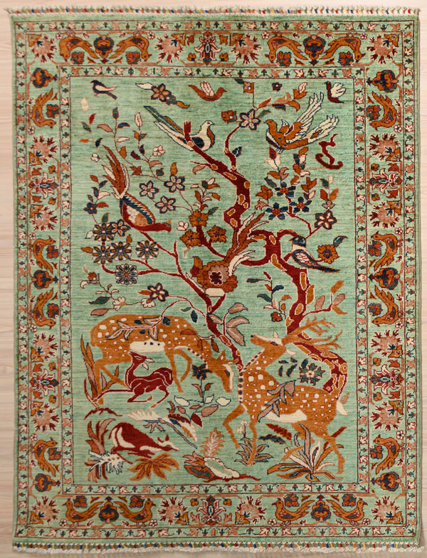 Authentic hand woven Green Afghan Chobi Wool Rug 198cm x 152cm woven in Northern Afghanistan 
Colour tones made from local veg dyes including Indigo leaves dried berries along with ground walnuts.
Traditional design with all over floral patterns suitable for all interiors including dining