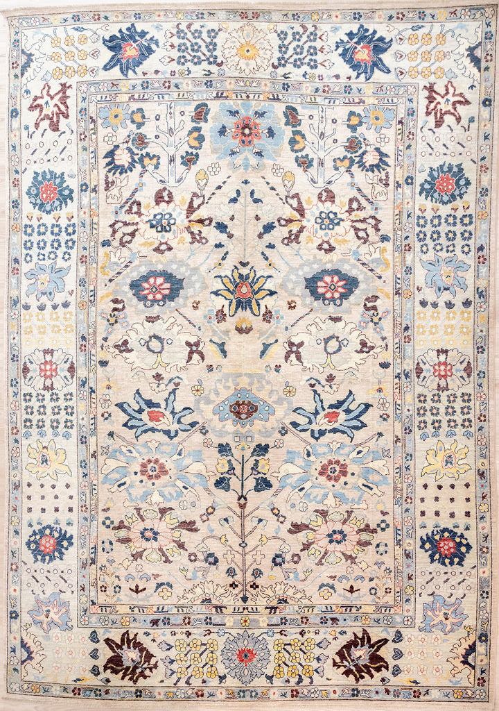 Authentic Hand Knotted Light Peach Fine Afghan Chobi Wool Rug 363cm x 277cm suitable for dining, living or bedroom areas
Muted beige, green and blue tones on a background of marled,variagated ,light peach, natural vegetable dyed wool
This light toned rug has an joyful ascending floral tree of life design.
Oushak Design brightens your interior and opens your space. One of a kind detailed piece compatible with both Modern Contemporary or Traditional settings