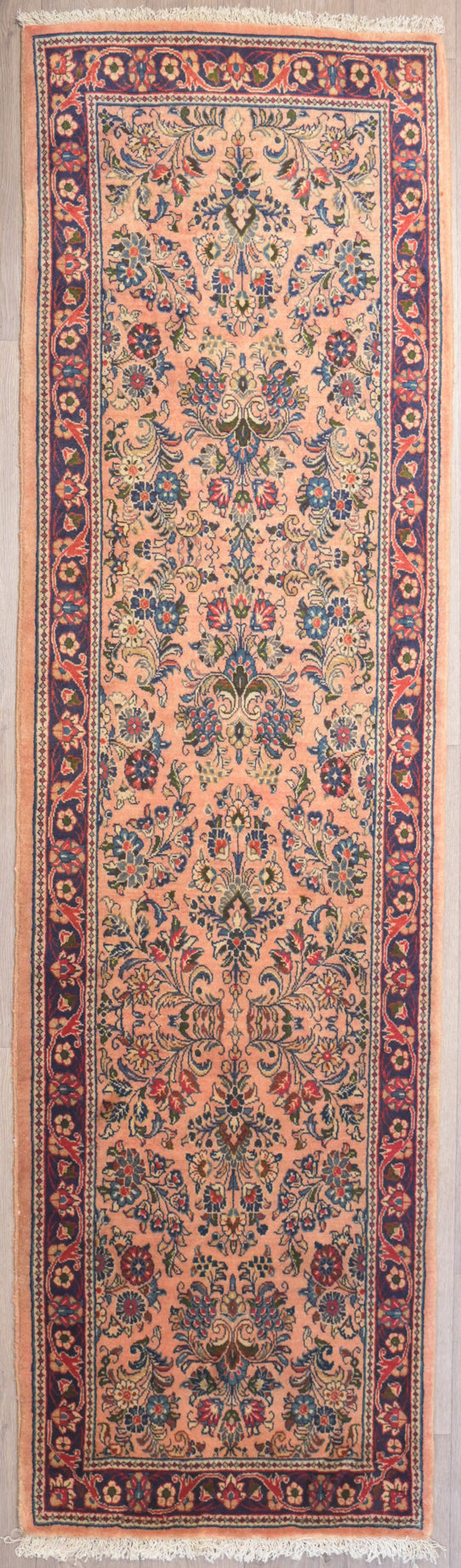 Gauranteed Authentic Light Pink Fine Sarouk Runner 292cm x 83cm woven in Central Asia c.1960's
Beautiful floral all over design, muted light pink tones to give character to any hallwway or interior