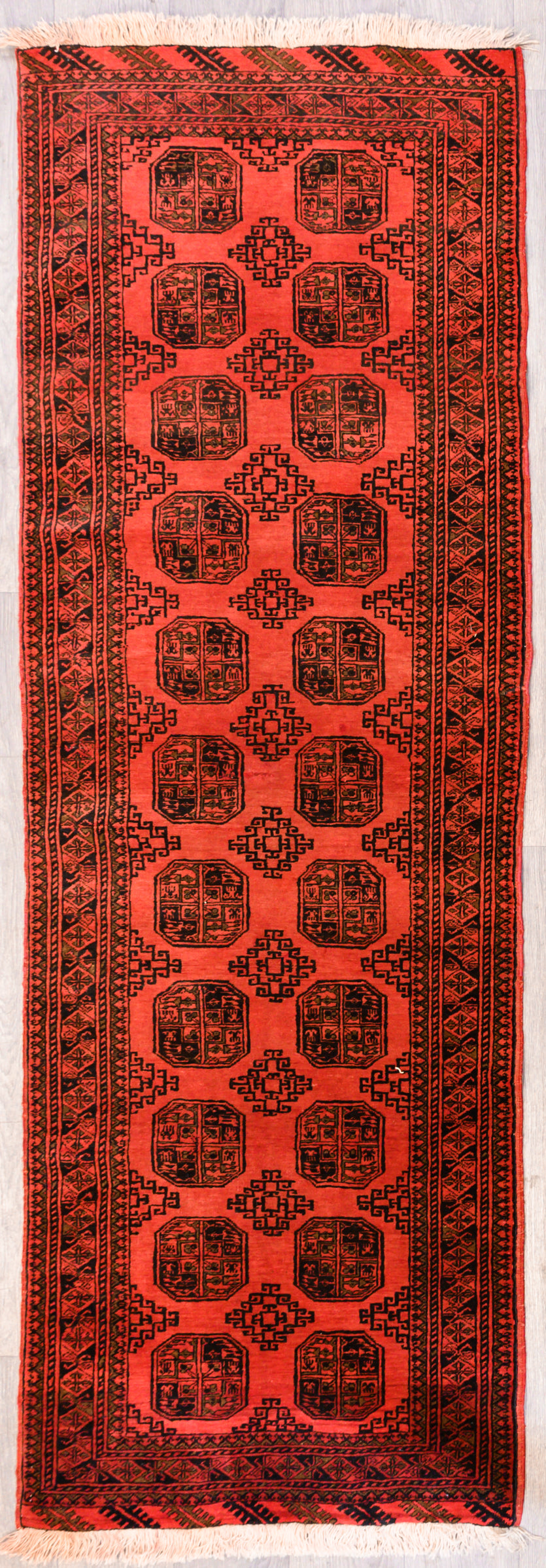 Light Red c.1950's Afghan Turkoman Wool Runner 258cm x 85cm
