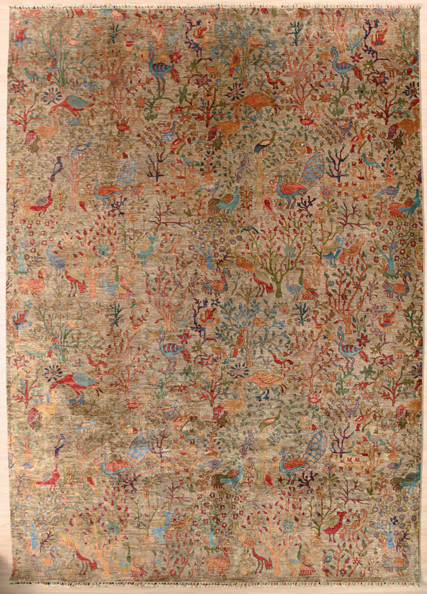 Light Sienna colour Afghan Pictorial chobi Wool Rug 371cm x 272cm. Earthy with  bright coloured bird motifs