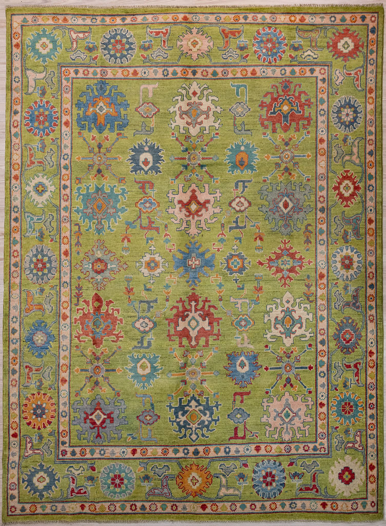 Authentic Hand Knotted wool rug in peaceful Lime Green Sherbet colour
Afghan Chobi Oushak Design Wool Rug 300cm x 248 cm
Suitable for dining, living or bedroom areas
Muted beige, green &amp; blue tones all made from natural vegetable dyes
Oushak Design light toned rug brightens your interior and opens your space