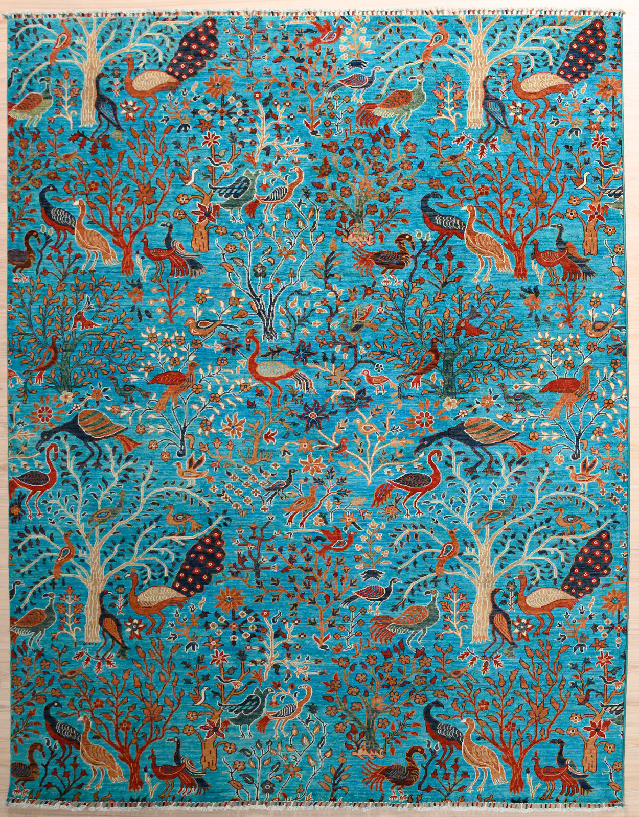 Authentic Handknotted  Pictorial Marine Blue Afghan Chobi Wool Rug 301cm x 243cm Vibrant and mesmerising colour palette with a deep Marine Blue background