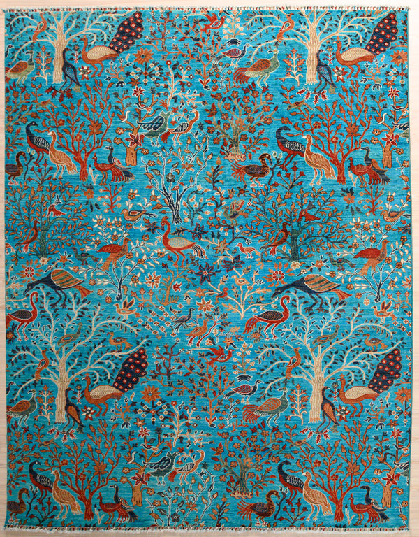 Authentic Handknotted  Pictorial Marine Blue Afghan Chobi Wool Rug 301cm x 243cm Vibrant and mesmerising colour palette with a deep Marine Blue background