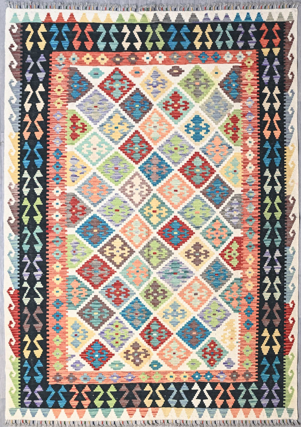 Authentic Handknotted Multicolour Afghan Boho Kilim Wool Rug 253cm x 179cm
Having a light and dark side is a trademark of Handmade Rugs
Durable and Wear Resistant Suitable for High Traffic Areas