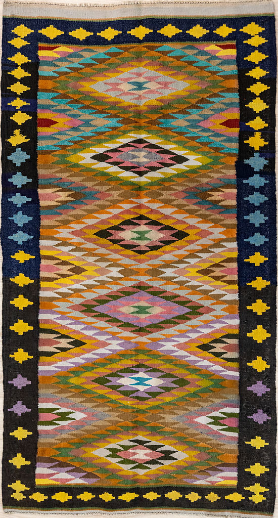 Authentic Handknotted Multicolour Afghan Boho Kilim 190cm x 102cm

Fine detailed lozenge shapes all over, in natural veg dyed colours
finished with a crisp midnight black border studded with cream stars
Durable and Wear Resistant Suitable for High Traffic Areas