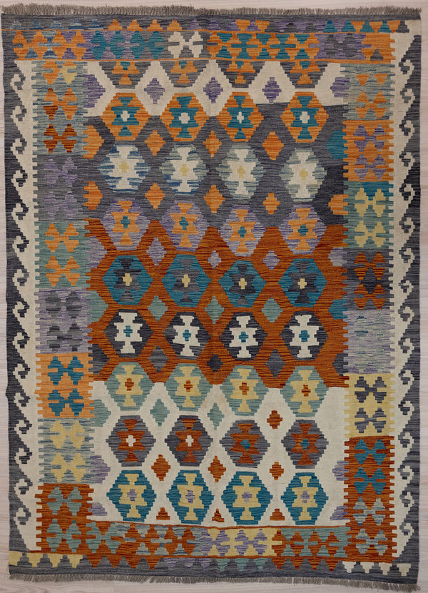 Authentic Handknotted Multicolour Afghan Boho Kilim 240cm x 176cm Hand dyed wool
Durable and Wear Resistant Suitable for High Traffic Areas
