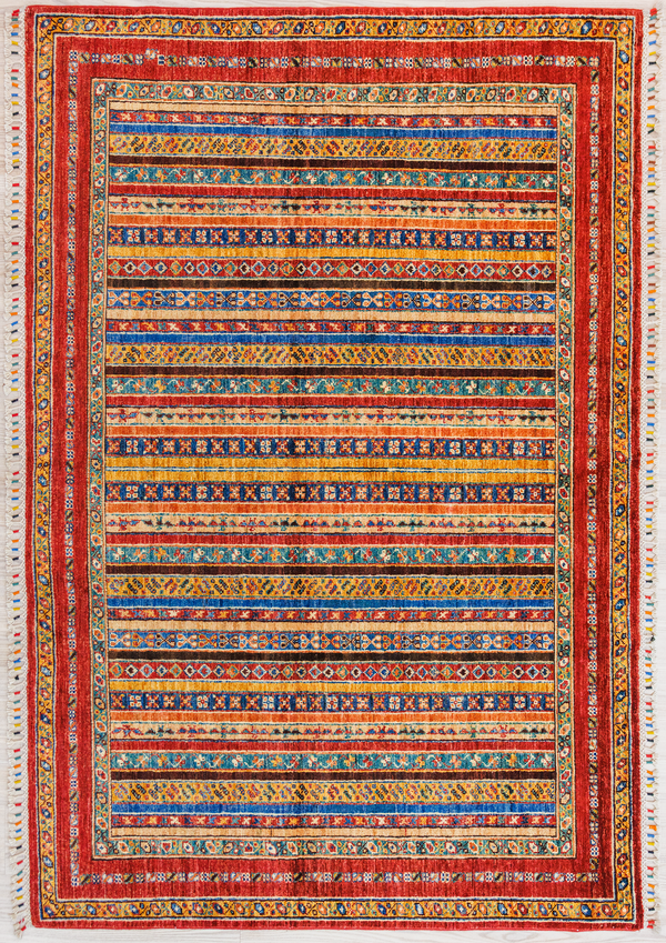 Authentic hand woven Multicolour Afghan Khurjin Chobi Wool Rug 204cm x 154cm, woven in Northern Afghanistan. Beauitful tribal aztec style design all over, suitable for both traditional and contemporary interiors
Ariana multicolored tassels for authenticity