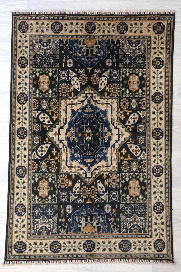 A lovely geometric design.Authentic Handknotted Multicolour Afghan Mamluk Chobi Rug 148cm x 98cm design influenced by Egyptian tiling patterns