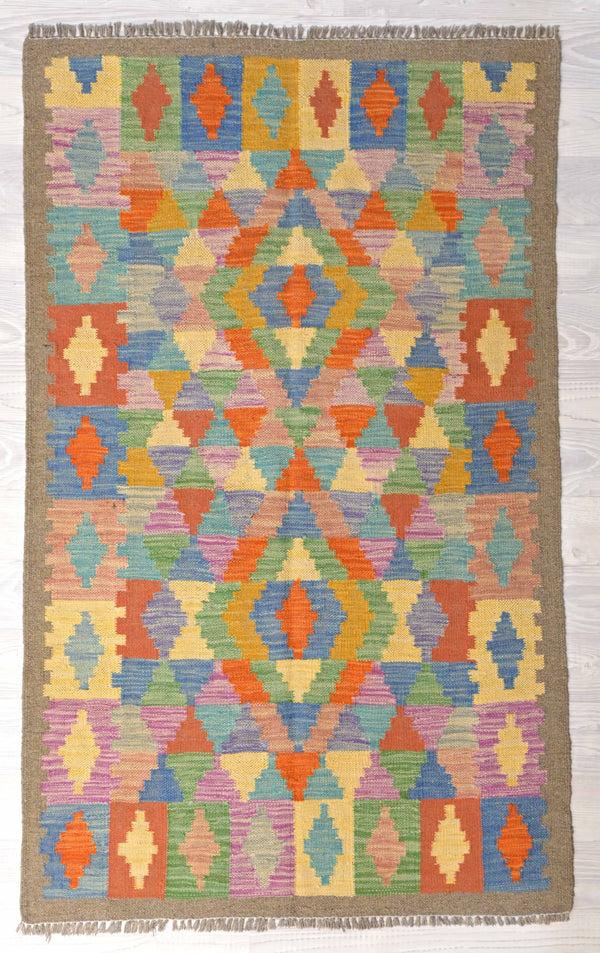 Authentic Handknotted Multicolour Boho Kilim 158cm x 97cm
Interesting unusual geometric design for kilim
Durable and Wear Resistant Suitable for High Traffic Areas