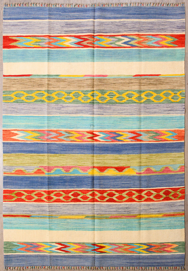 Authentic Handknotted Multicolour Boho Kilim 243cm x 170cm
Rare muted field tones all over this creative interpretation of a traditional wool flatweave. Flat weave are flexible so can be used to cover a couch, take to the beach or picnic on the lawn. These rugs are washable and improve with age.
Durable and Wear Resistant Suitable for High Traffic Areas