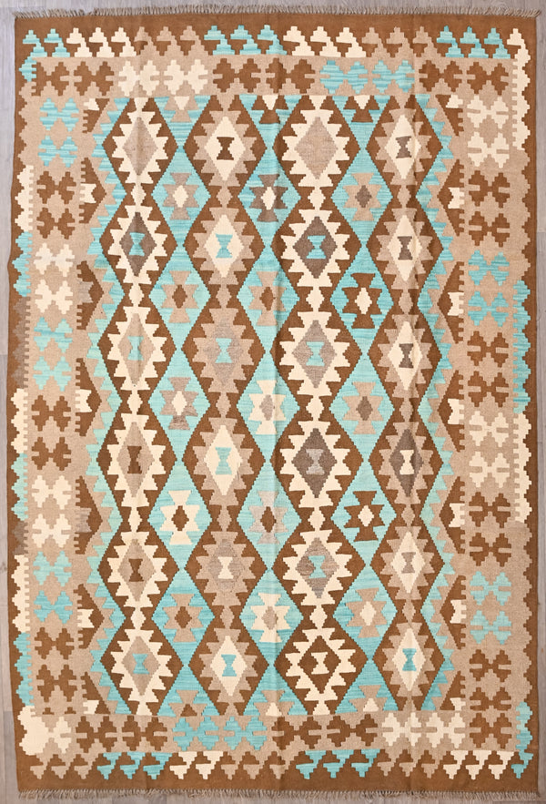 Authentic Handknotted Multicolour Boho Kilim 290cm x 194cm, rare Kilim in these light muted tones.
All colours are made from natural vegetable dyes including ground walnuts
Rare brown earth tones combined with beautiful light turquoise blue blue tones throughout this Boho design Kilim

Rare muted field tones all over